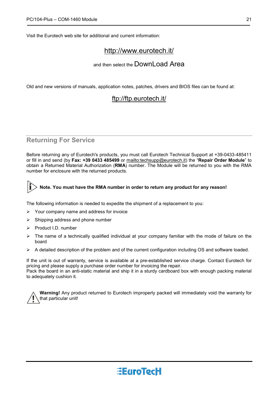 Returning for service, Download area, Ftp://ftp.eurotech.it | Eurotech Appliances COM-1460 User Manual | Page 21 / 38
