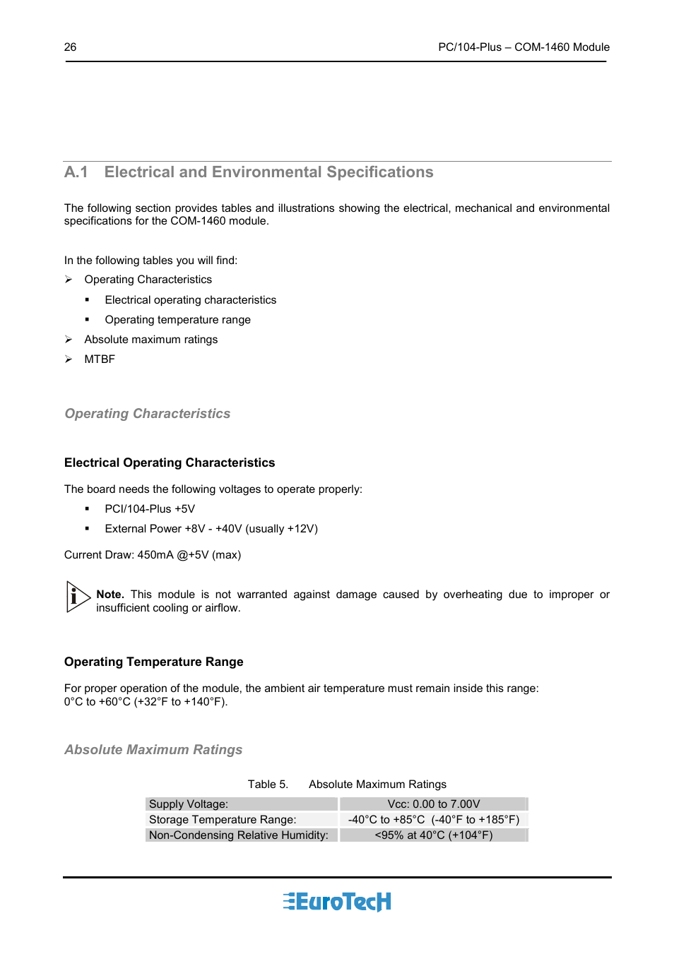 A.1 electrical and environmental specifications, Electrical and environmental specifications, Operating characteristics | Absolute maximum ratings | Eurotech Appliances COM-1460 User Manual | Page 26 / 38