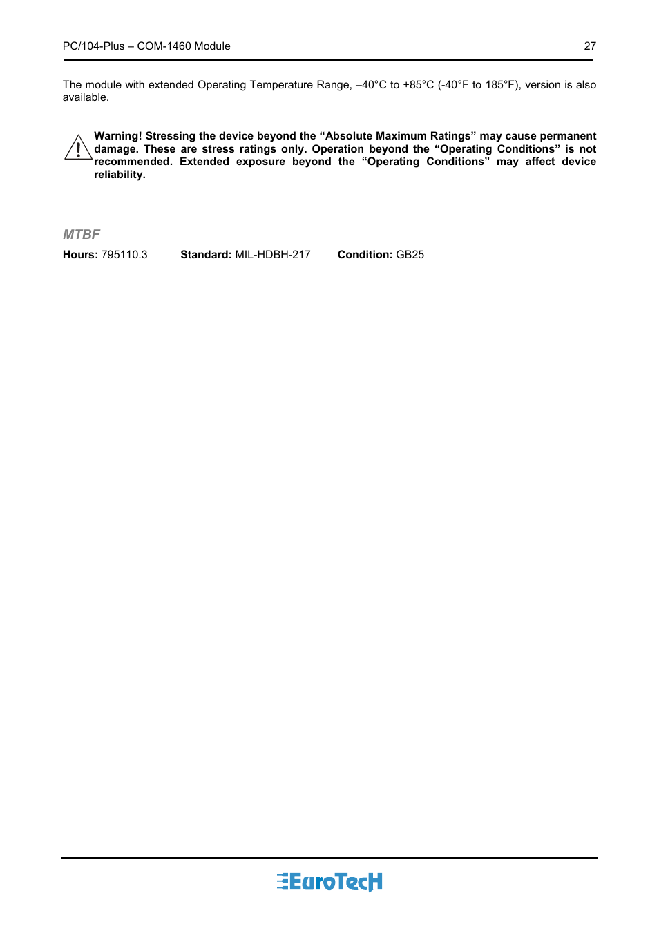 Mtbf | Eurotech Appliances COM-1460 User Manual | Page 27 / 38