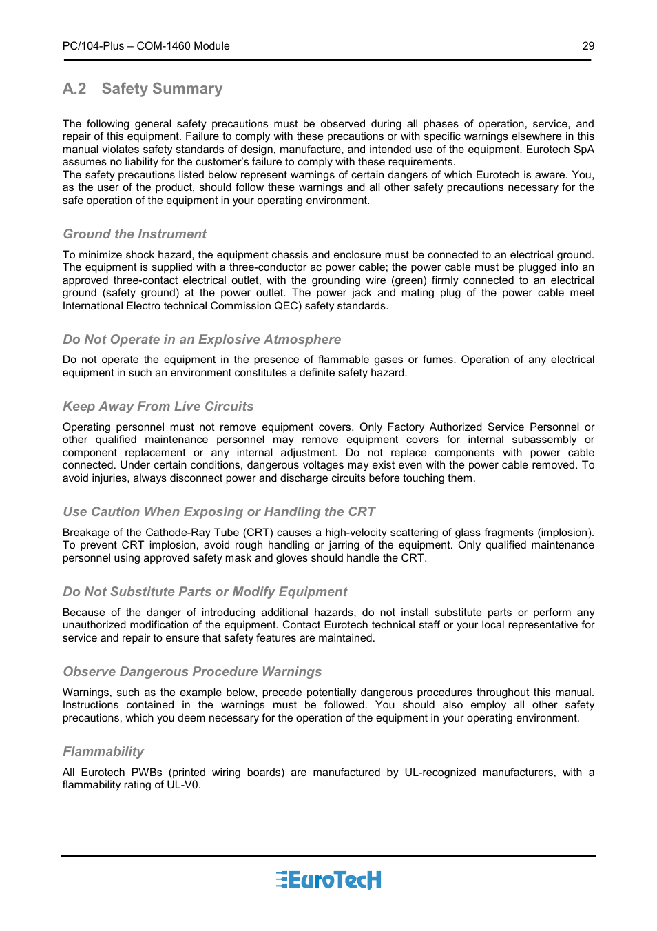 A.2 safety summary, Safety summary, Ground the instrument | Do not operate in an explosive atmosphere, Keep away from live circuits, Use caution when exposing or handling the crt, Do not substitute parts or modify equipment, Observe dangerous procedure warnings, Flammability | Eurotech Appliances COM-1460 User Manual | Page 29 / 38