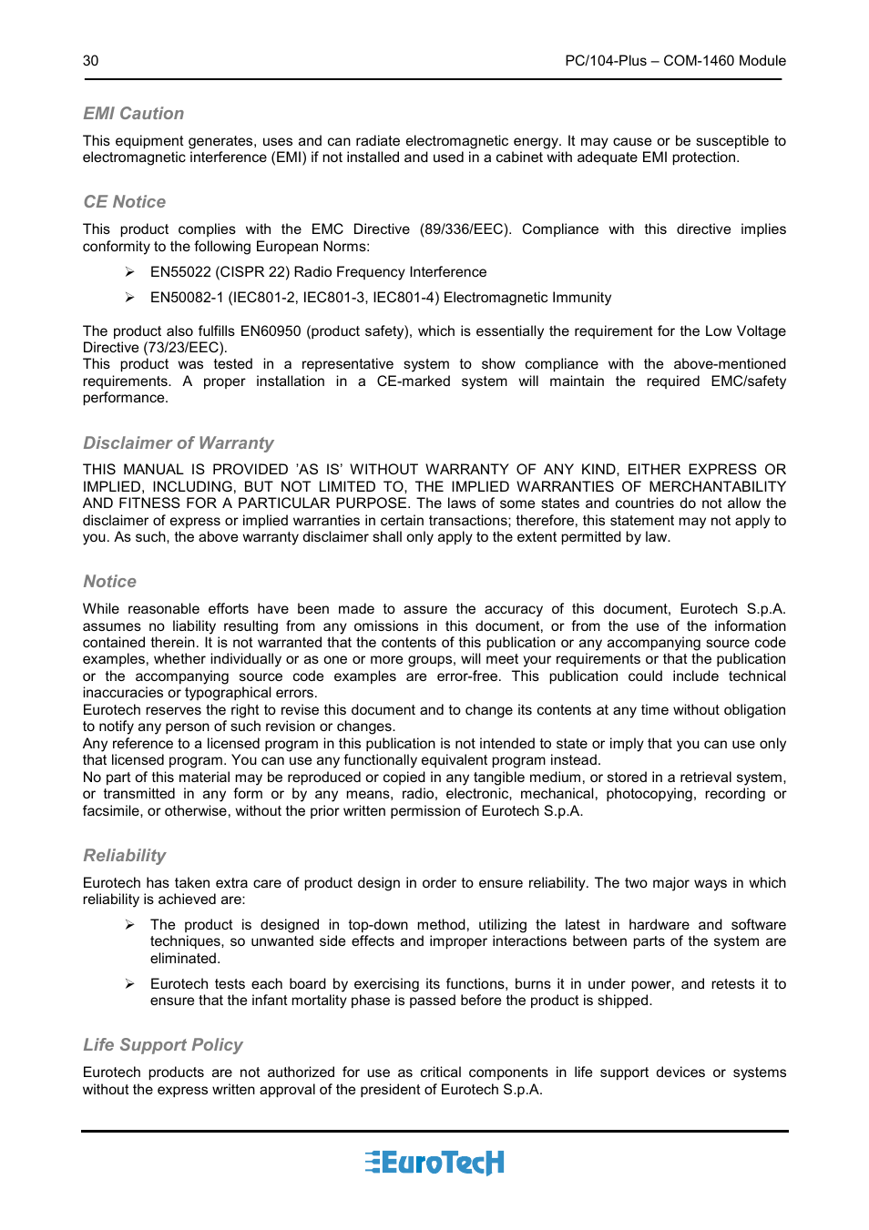 Emi caution, Ce notice, Disclaimer of warranty | Notice, Reliability, Life support policy | Eurotech Appliances COM-1460 User Manual | Page 30 / 38