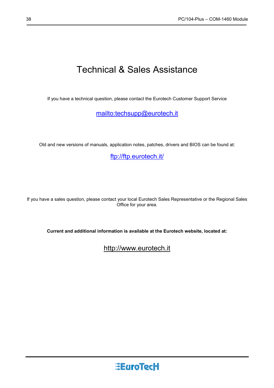 Technical & sales assistance, Mailto:techsupp@eurotech.it, Ftp://ftp.eurotech.it | Eurotech Appliances COM-1460 User Manual | Page 38 / 38