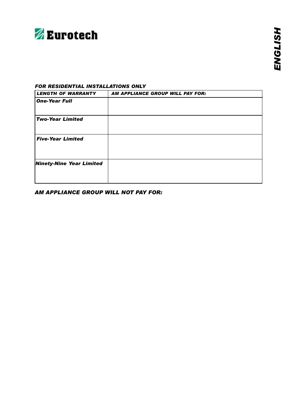 English product warranty | Eurotech Appliances EDC158 User Manual | Page 15 / 16