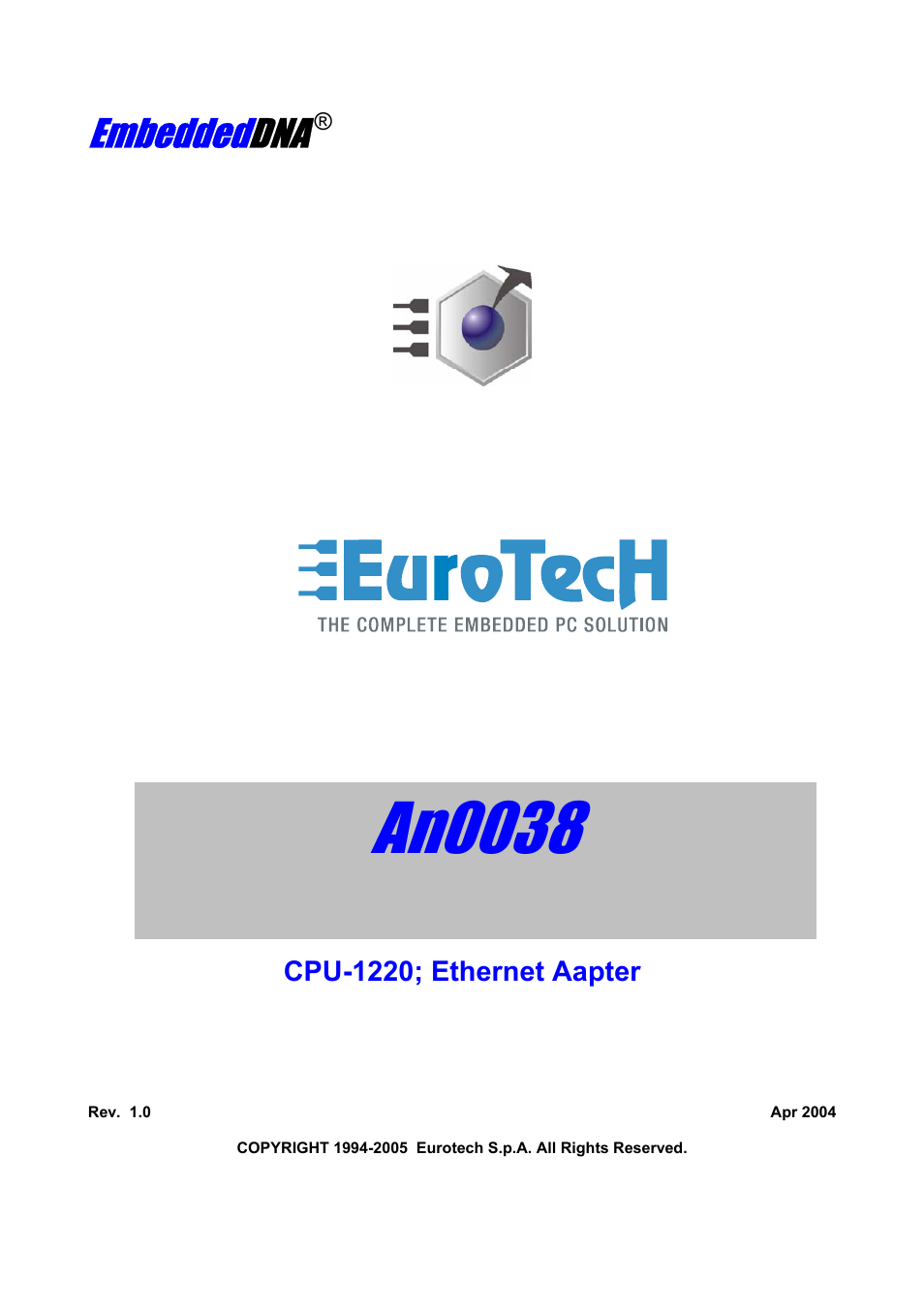 Eurotech Appliances Eurotech Ethernet Adapter An0038 User Manual | 13 pages