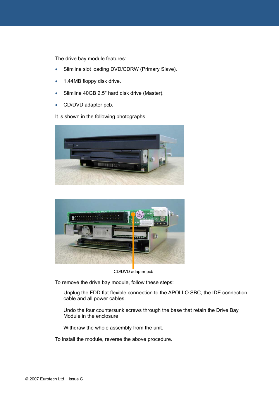 Drive bay module | Eurotech Appliances APOLLO 1U ICE FM12961 User Manual | Page 29 / 37