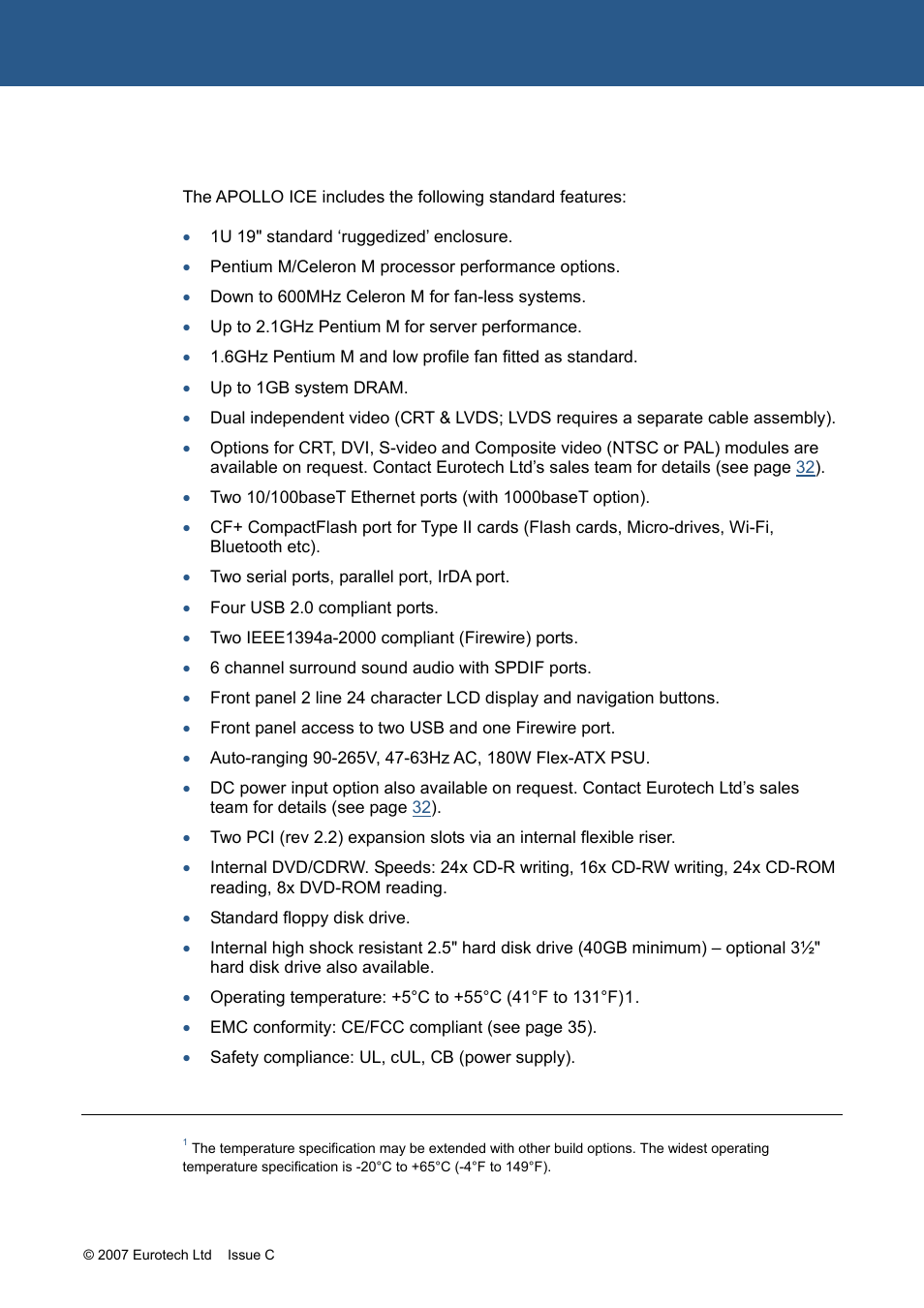 Apollo ice specification | Eurotech Appliances APOLLO 1U ICE FM12961 User Manual | Page 6 / 37