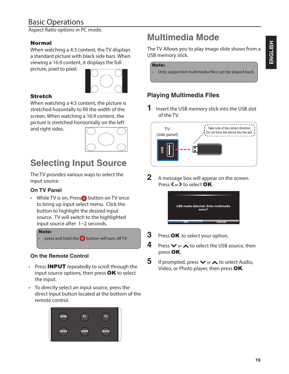 Multimedia mode, Selecting input source, Basic operations | Playing multimedia files | Emerald Innovations EM37T User Manual | Page 23 / 44