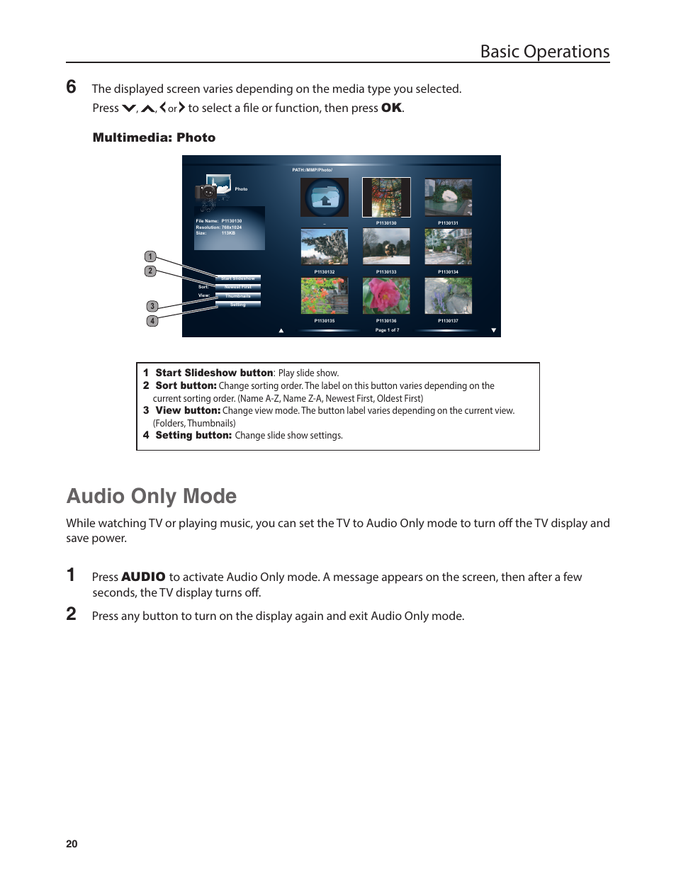 Audio only mode, Basic operations | Emerald Innovations EM37T User Manual | Page 24 / 44