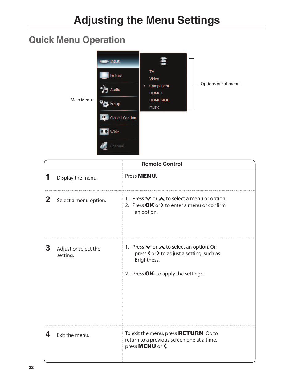 Adjusting the menu settings, Quick menu operation | Emerald Innovations EM37T User Manual | Page 26 / 44