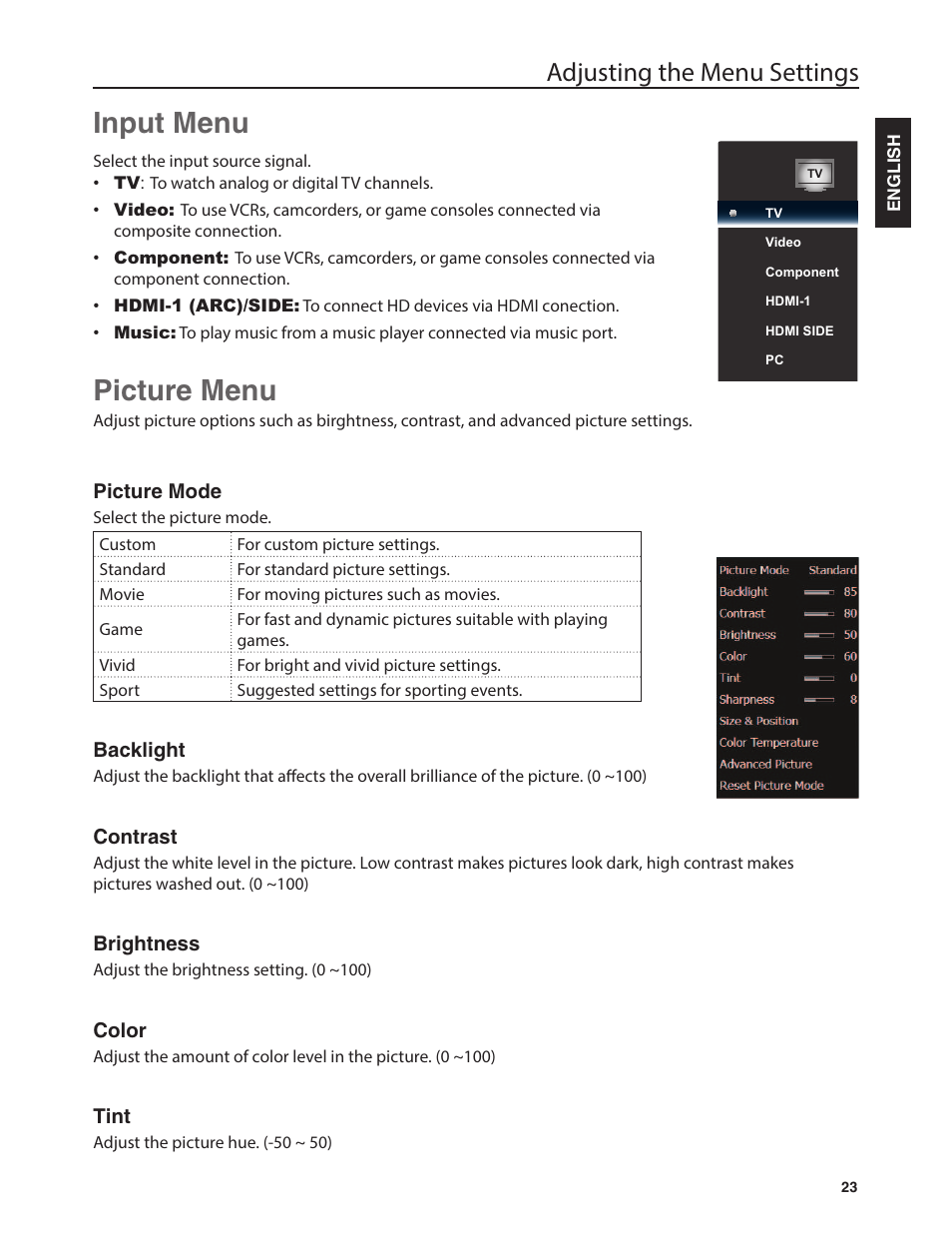 Input menu, Picture menu, Adjusting the menu settings | Emerald Innovations EM37T User Manual | Page 27 / 44