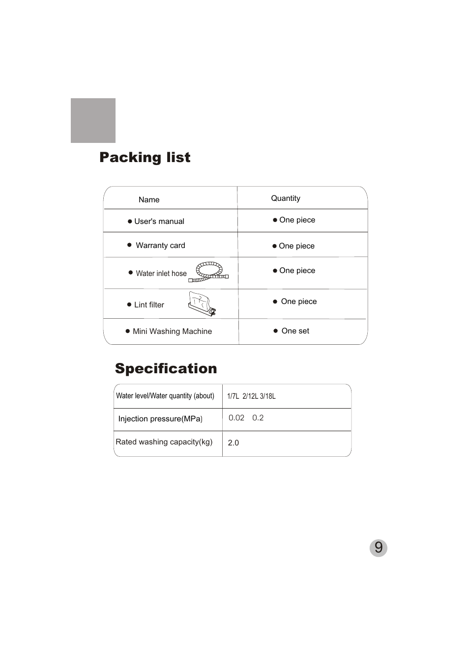 Packing list, Specification | Emerald Innovations EW-2500MG User Manual | Page 11 / 11