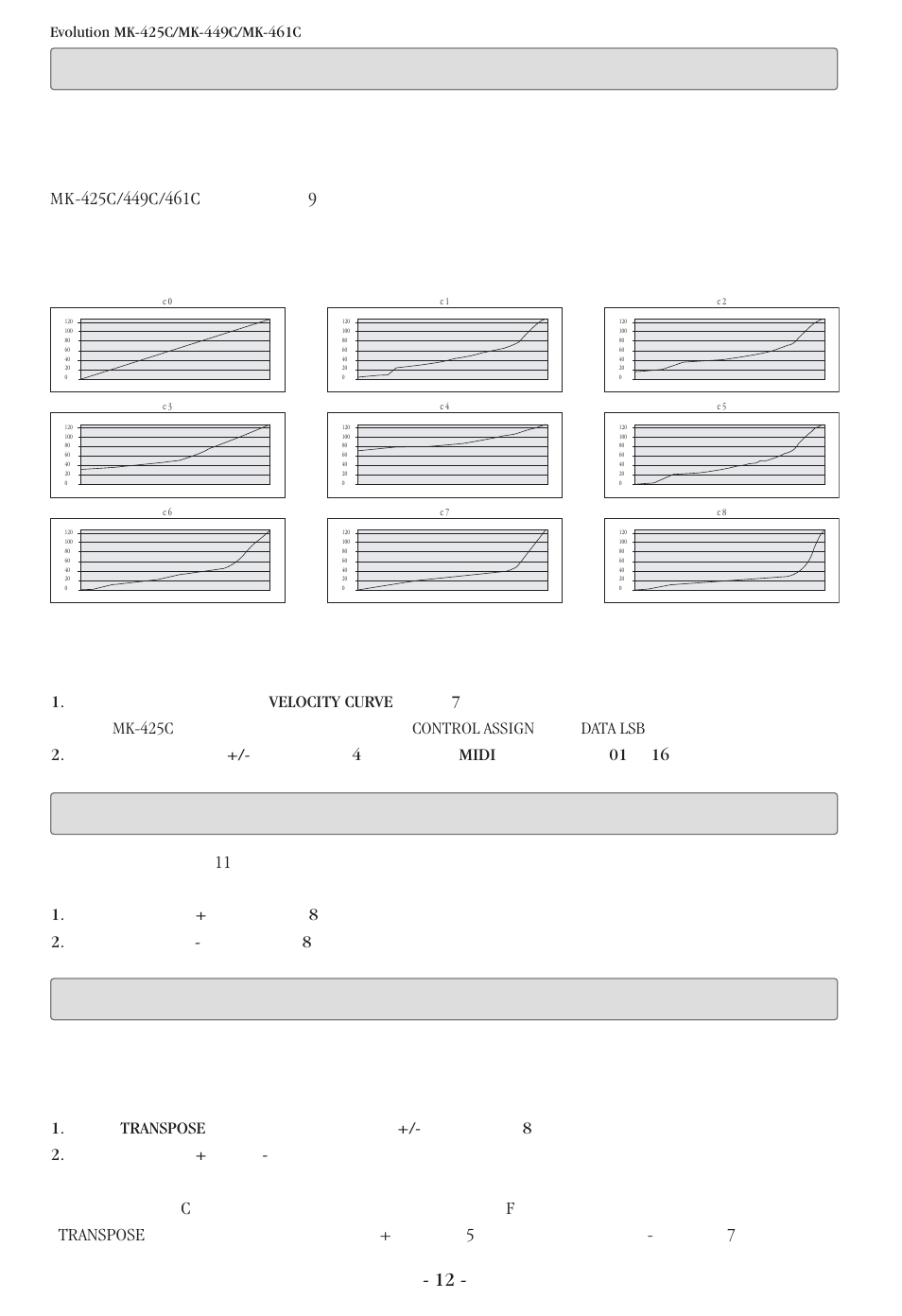 ベロシティカーブの設定, オクターブの設定, トランスポーズの設定 | Cf transpose + 5 - 7 | Evolution Technologies MK-425C User Manual | Page 13 / 21