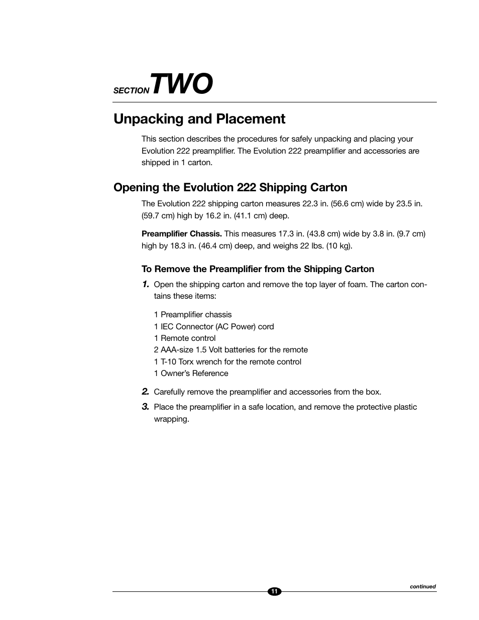 Unpacking and placement, Opening the evolution 222 shipping carton | Evolution Technologies 222 User Manual | Page 11 / 48