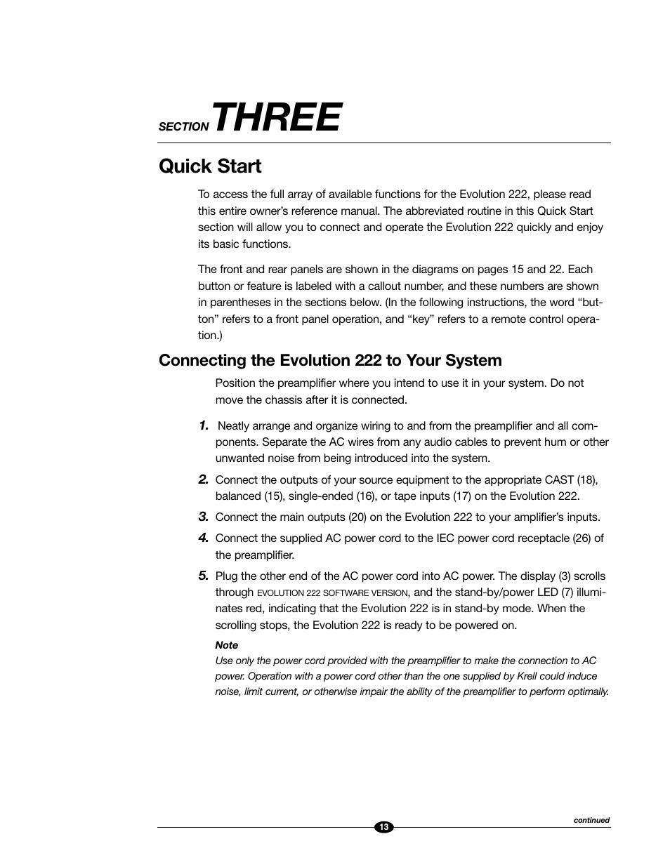 Three, Quick start, Connecting the evolution 222 to your system | Evolution Technologies 222 User Manual | Page 13 / 48