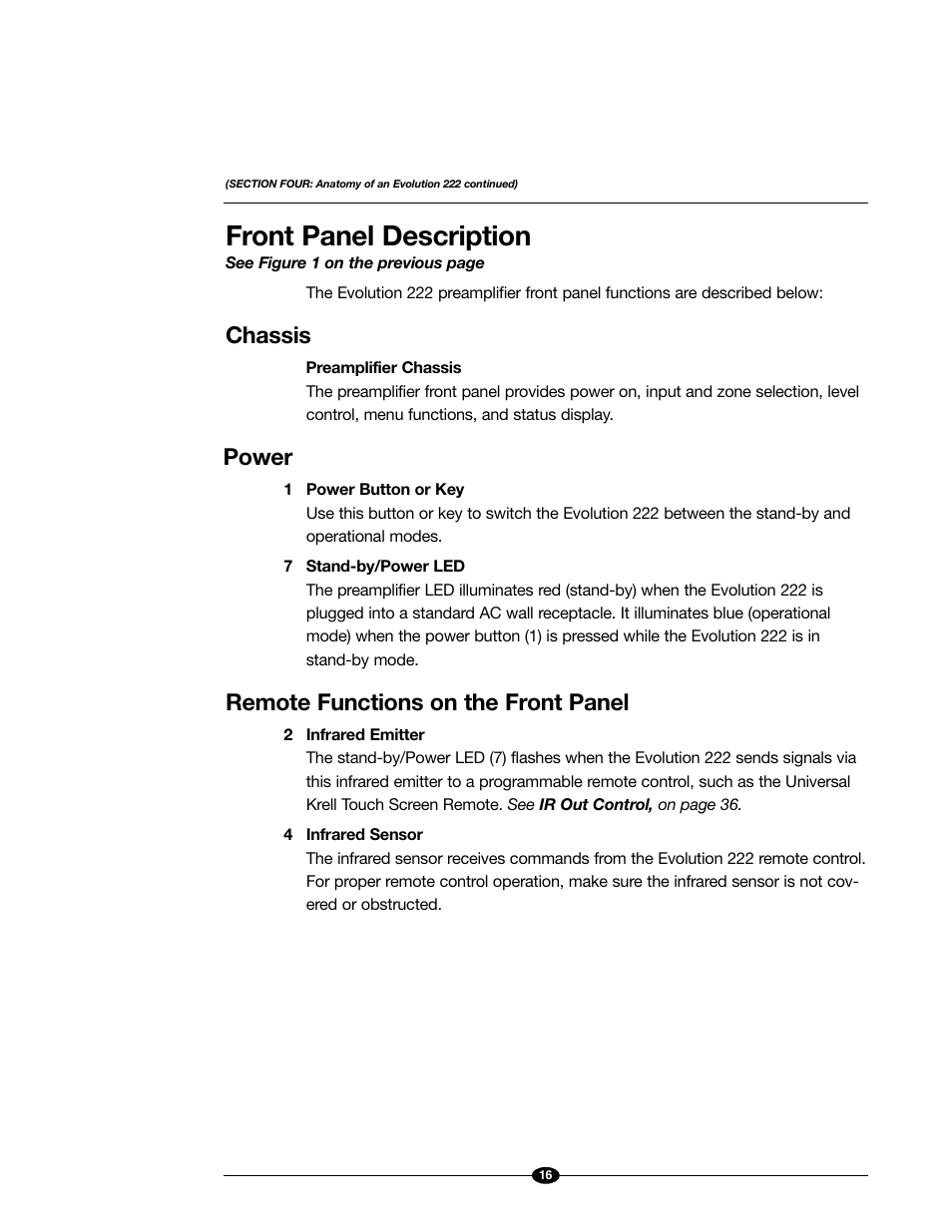Front panel description, Chassis, Power | Remote functions on the front panel | Evolution Technologies 222 User Manual | Page 16 / 48