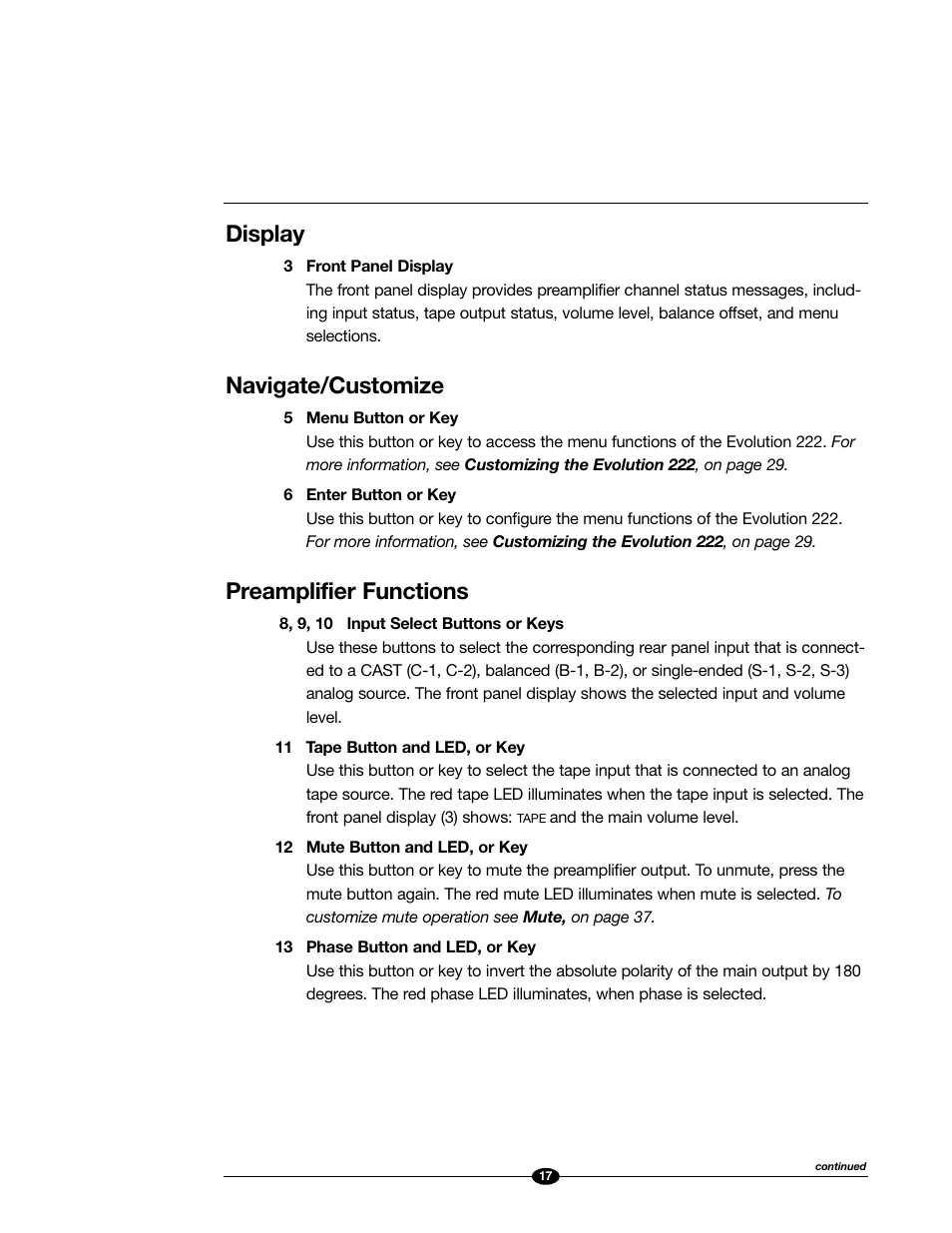 Display, Navigate/customize, Preamplifier functions | Evolution Technologies 222 User Manual | Page 17 / 48