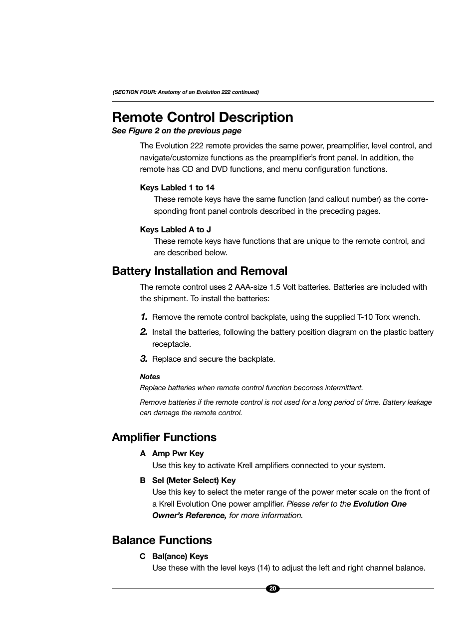 Remote control description, Battery installation and removal, Amplifier functions | Balance functions | Evolution Technologies 222 User Manual | Page 20 / 48