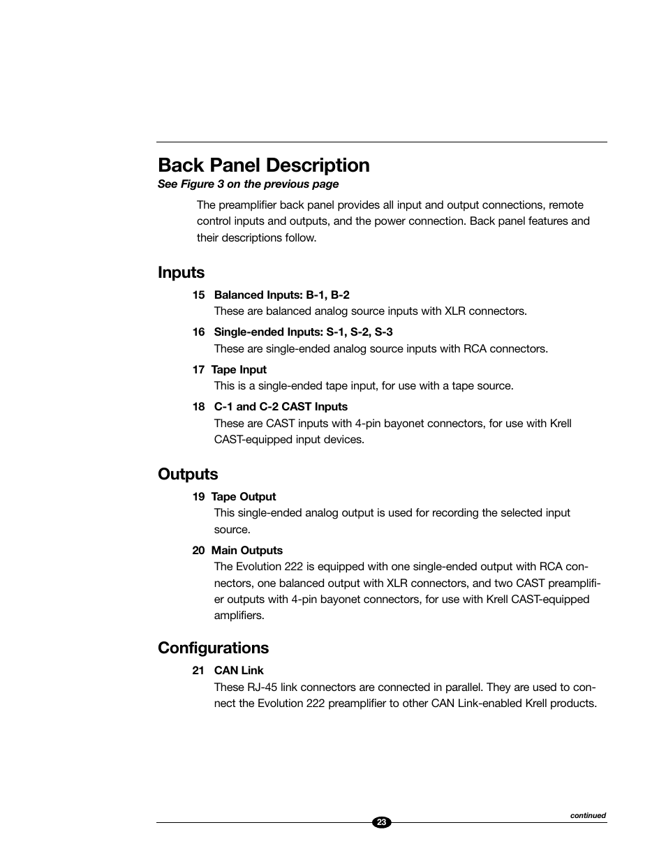 Back panel description, Inputs, Outputs | Configurations | Evolution Technologies 222 User Manual | Page 23 / 48