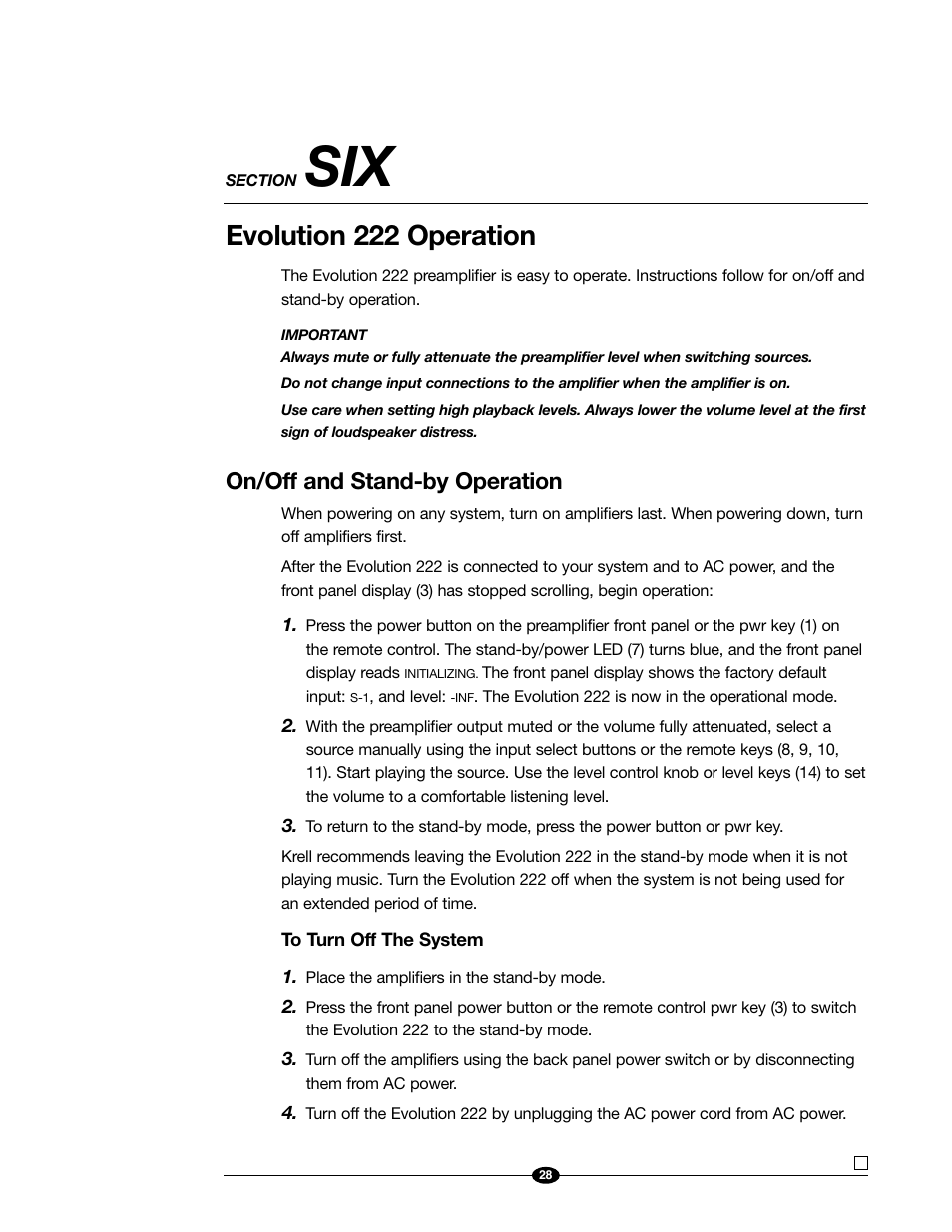 Evolution 222 operation, On/off and stand-by operation | Evolution Technologies 222 User Manual | Page 28 / 48