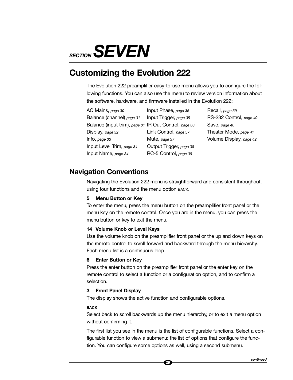 Seven, Customizing the evolution 222, Navigation conventions | Evolution Technologies 222 User Manual | Page 29 / 48