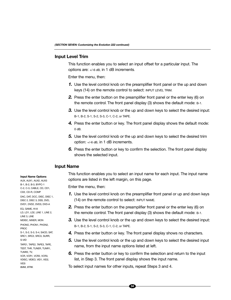 Input level trim, Input name | Evolution Technologies 222 User Manual | Page 34 / 48