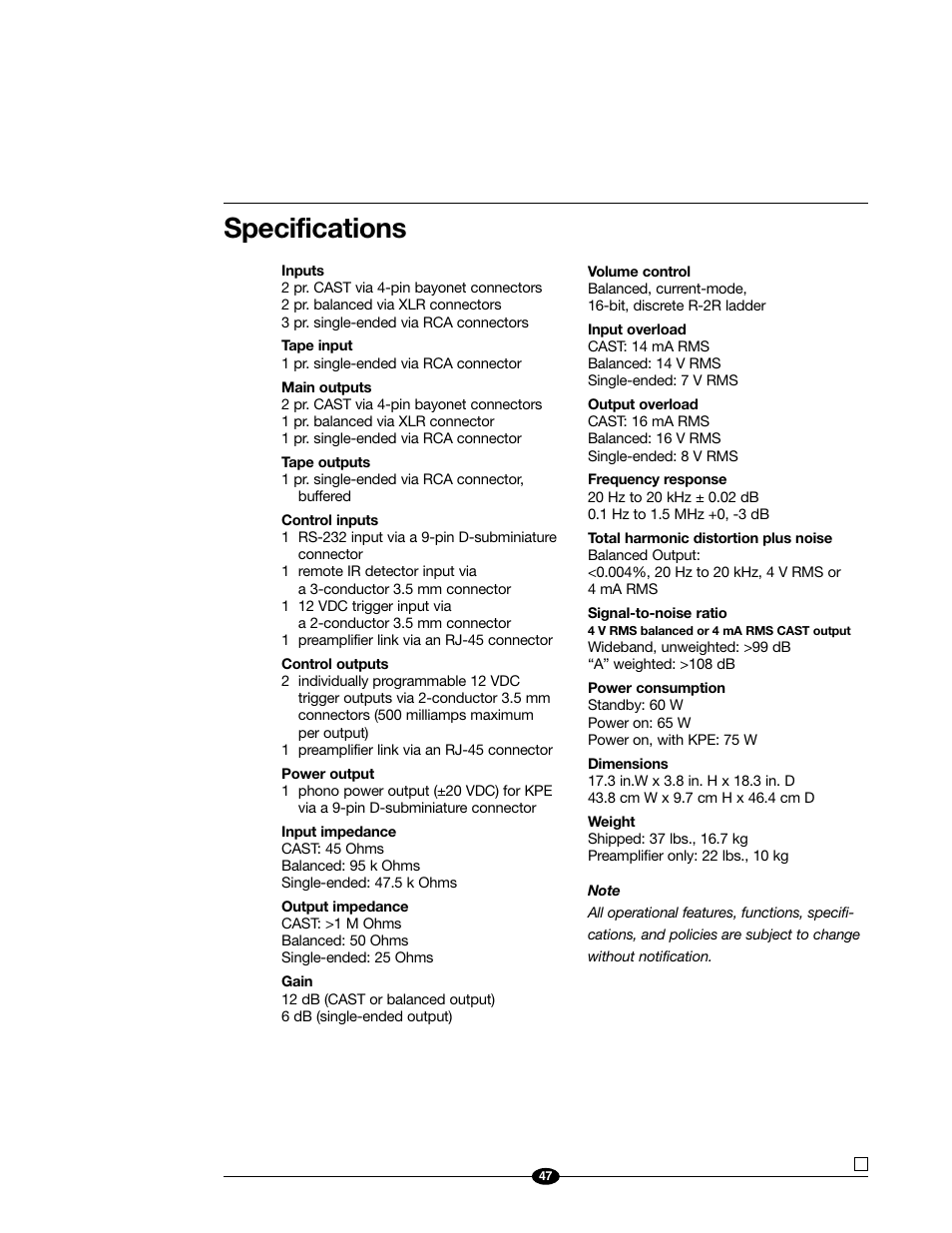 Specifications | Evolution Technologies 222 User Manual | Page 47 / 48
