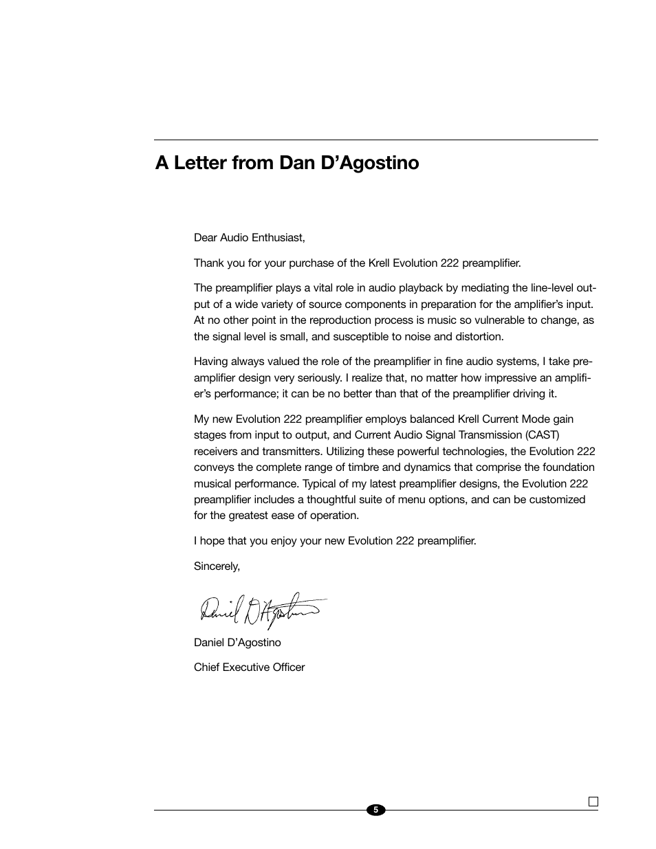 A letter from dan d’agostino | Evolution Technologies 222 User Manual | Page 5 / 48