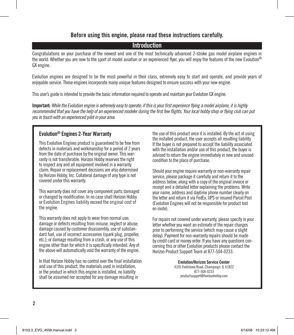 Introduction | Evolution Technologies 45GX2 User Manual | Page 2 / 12