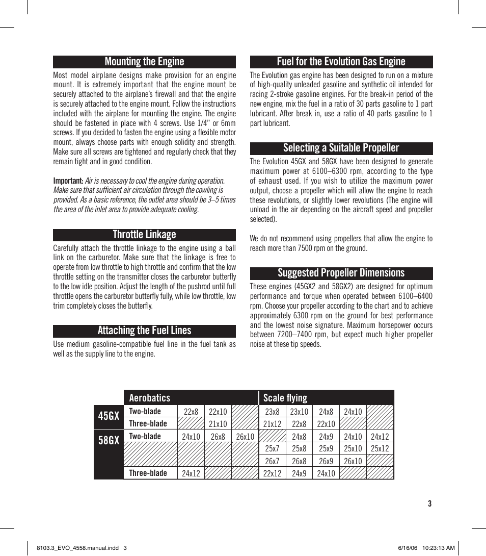 Mounting the engine, Throttle linkage, Attaching the fuel lines | Fuel for the evolution gas engine, Selecting a suitable propeller, Suggested propeller dimensions, 45gx 58gx, Aerobatics, Scale flying | Evolution Technologies 45GX2 User Manual | Page 3 / 12