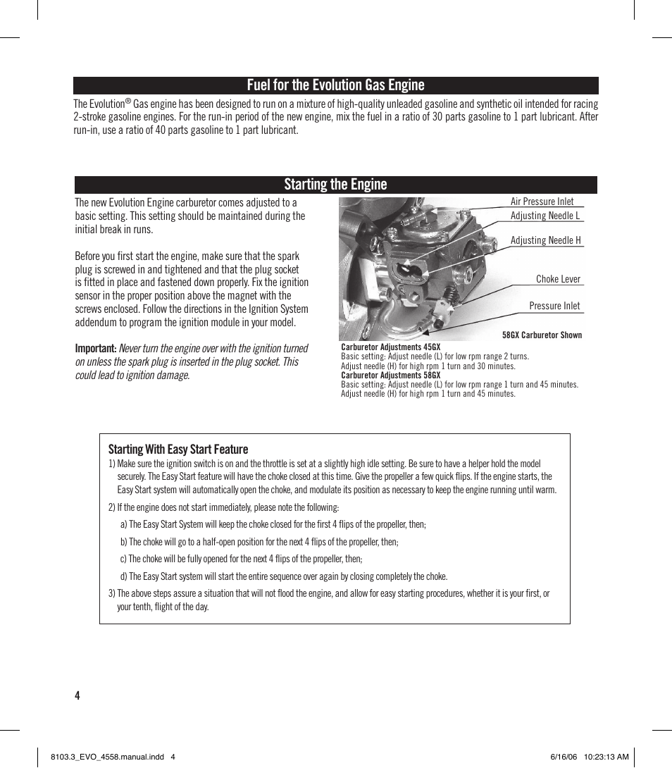 Starting the engine, Fuel for the evolution gas engine | Evolution Technologies 45GX2 User Manual | Page 4 / 12