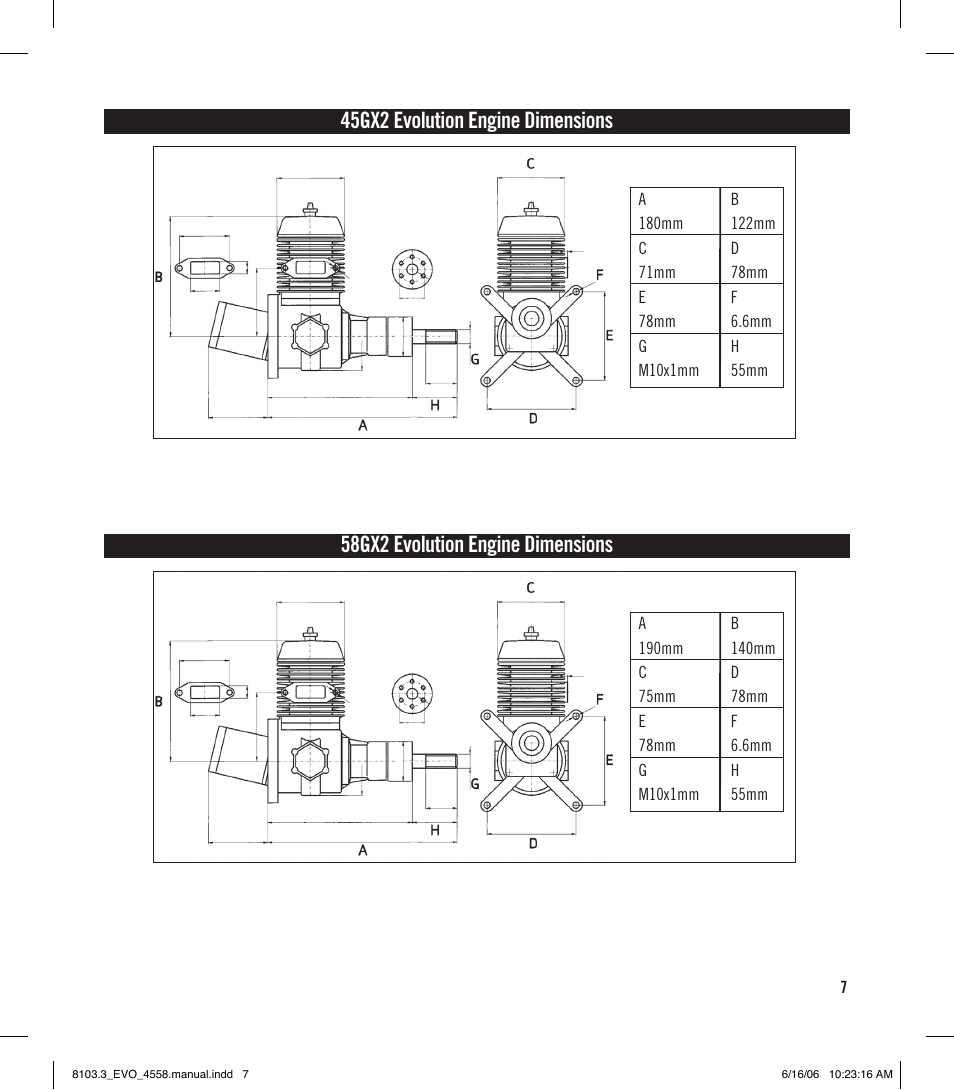 5gx evolution engine dimensions, 58gx evolution engine dimensions | Evolution Technologies 45GX2 User Manual | Page 7 / 12