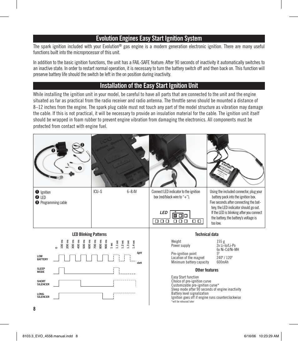 Evolution engines easy start ignition system, Installation of the easy start ignition unit, The spark ignition included with your evolution | Technical data, Other features, Led blinking patterns | Evolution Technologies 45GX2 User Manual | Page 8 / 12