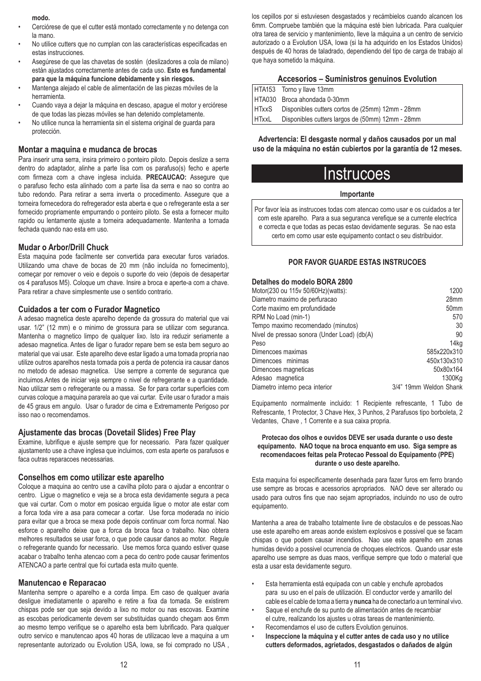 Instrucoes | Evolution Technologies BORA 2800 User Manual | Page 11 / 21
