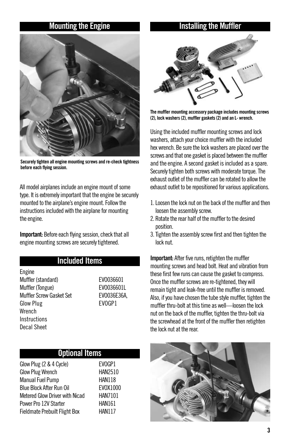 Mounting the engine, Included items, Optional items | Installing the muffler | Evolution Technologies 36NT User Manual | Page 3 / 12