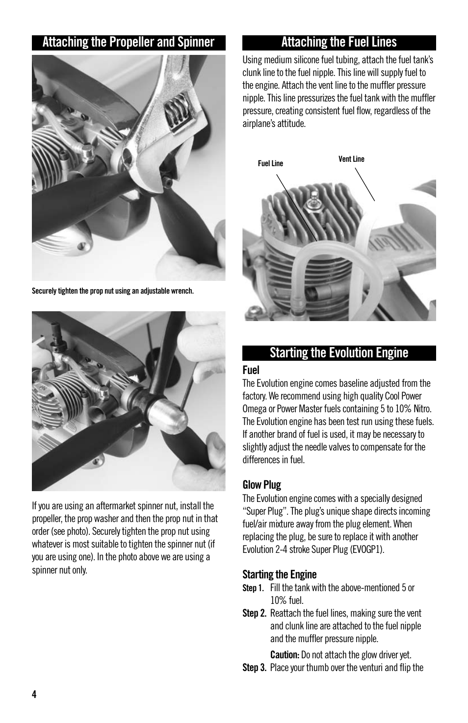 Attaching the propeller and spinner, Attaching the fuel lines, Starting the evolution engine | Evolution Technologies 36NT User Manual | Page 4 / 12