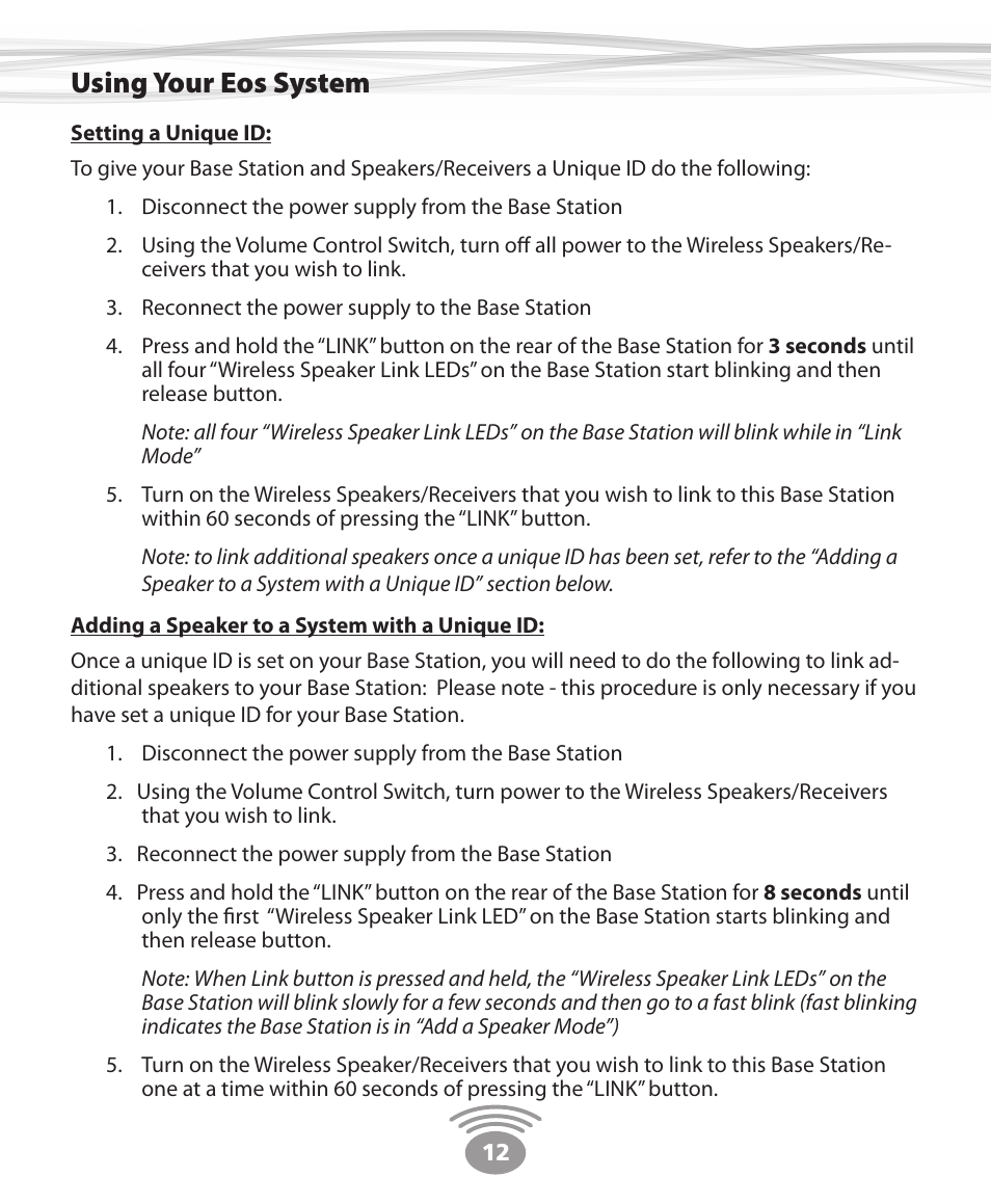 Using your eos system | Eos Wireless Wireless Stereo Speaker User Manual | Page 12 / 20