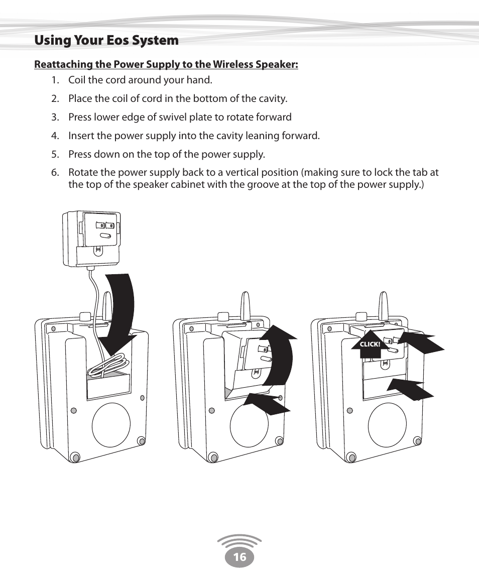 Using your eos system | Eos Wireless Wireless Stereo Speaker User Manual | Page 16 / 20