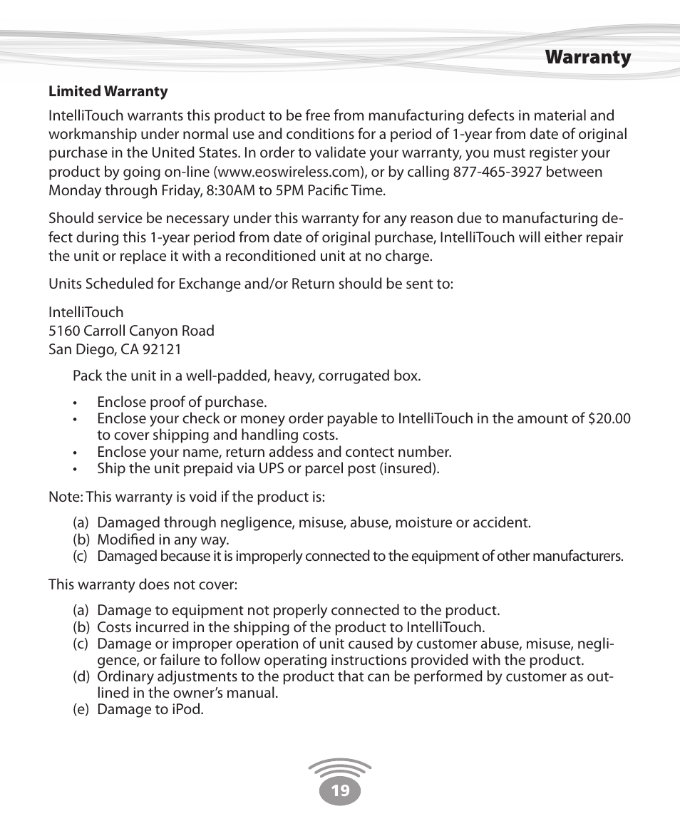 Warranty | Eos Wireless Wireless Stereo Speaker User Manual | Page 19 / 20