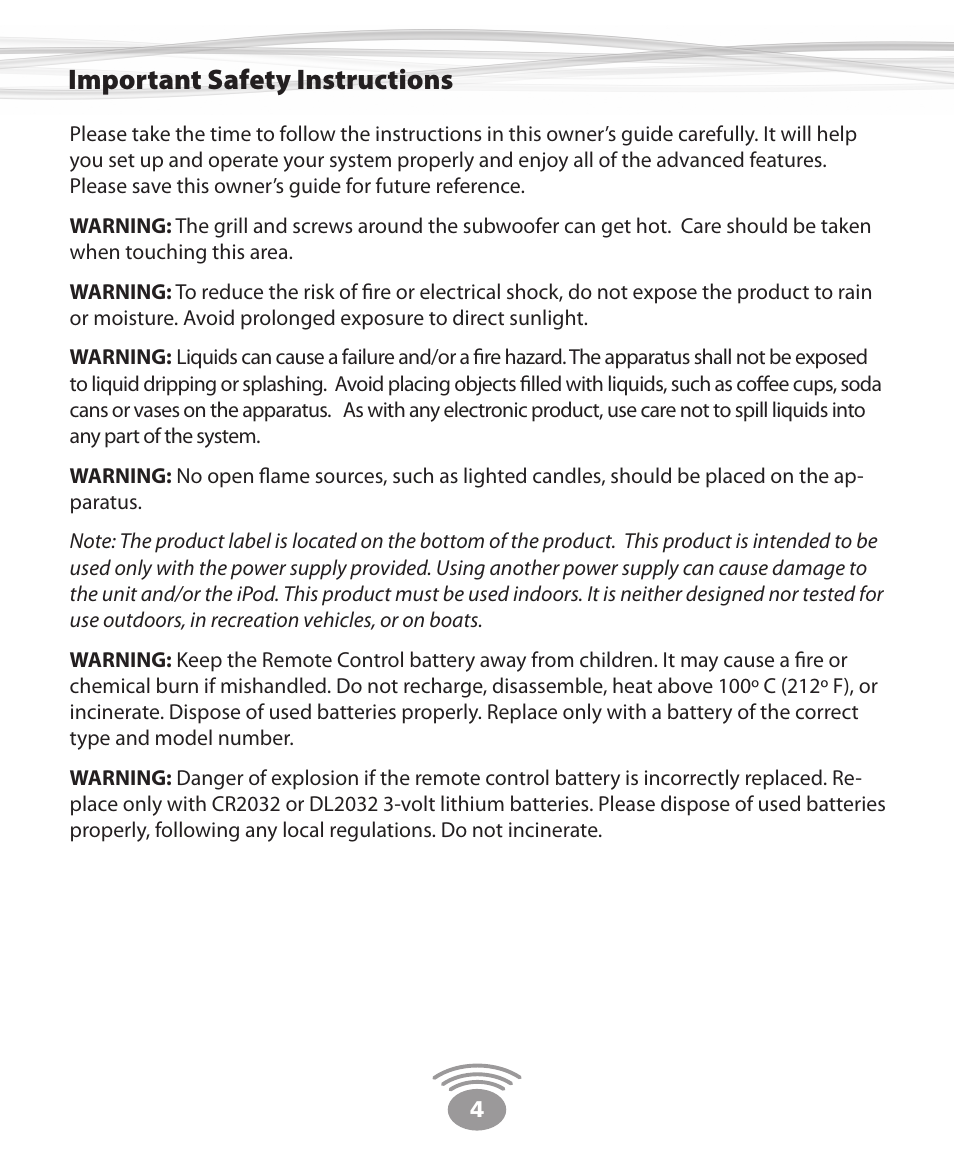 Important safety instructions | Eos Wireless Wireless Stereo Speaker User Manual | Page 4 / 20