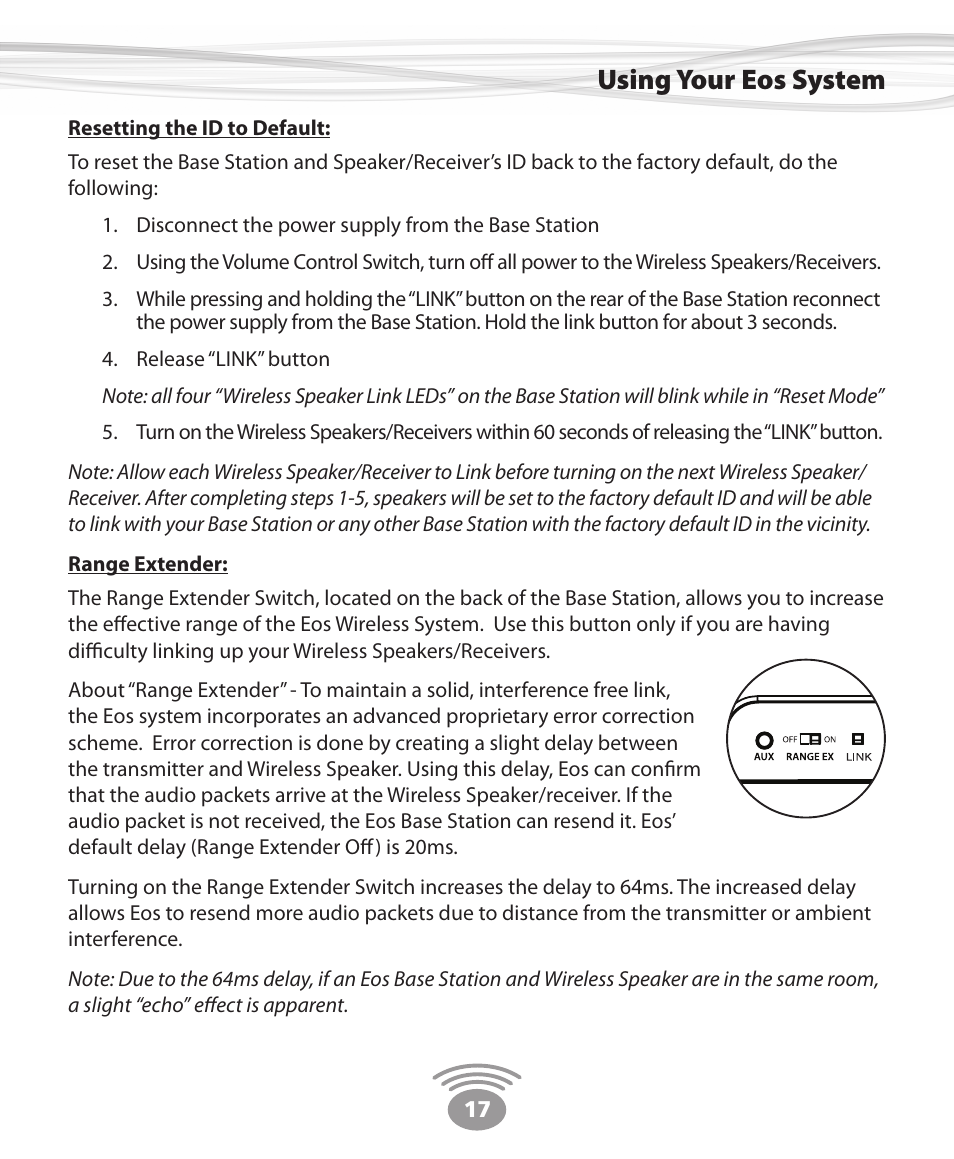 Using your eos system | Eos Wireless Digital Wireless Multi-Room Audio System User Manual | Page 17 / 28