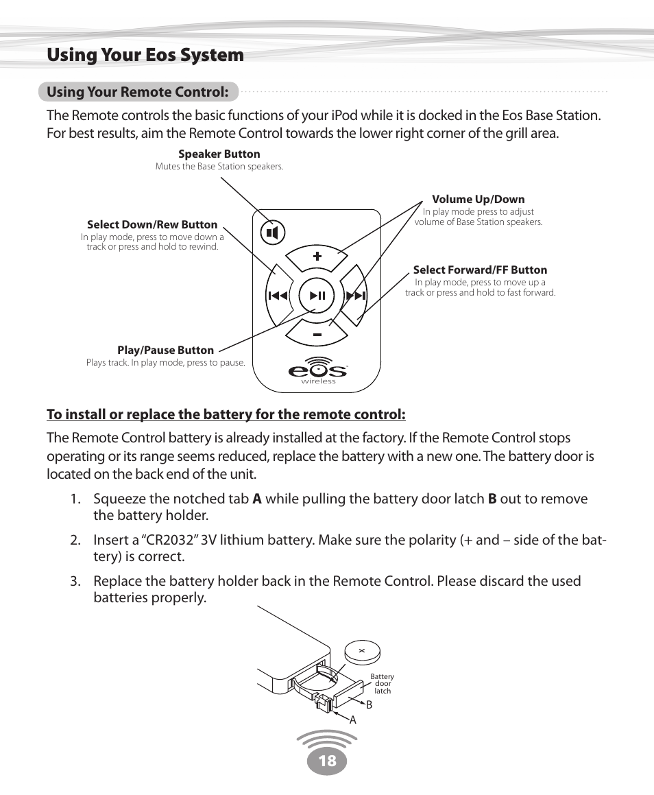 Using your eos system | Eos Wireless Digital Wireless Multi-Room Audio System User Manual | Page 18 / 28