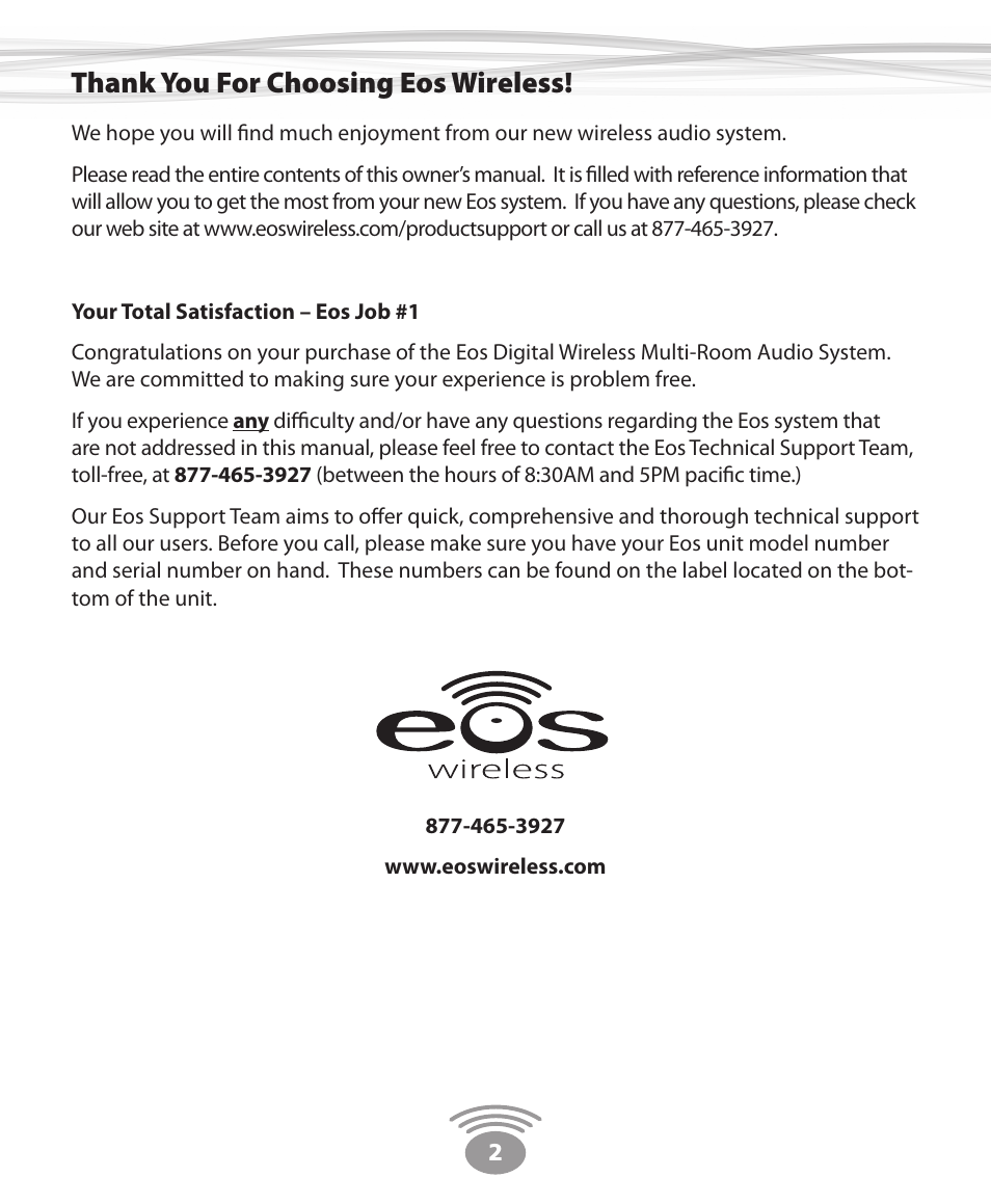 Eos Wireless Digital Wireless Multi-Room Audio System User Manual | Page 2 / 28