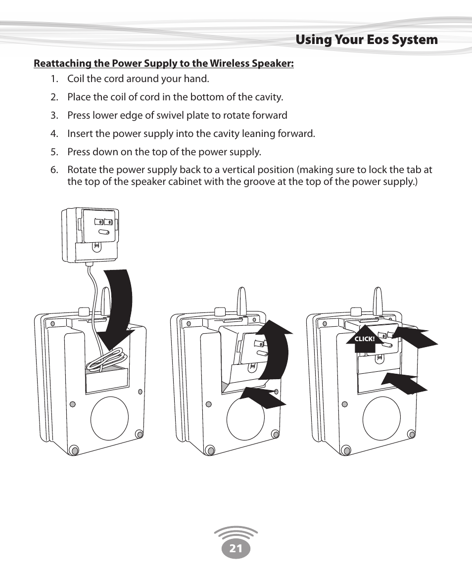 Using your eos system | Eos Wireless Digital Wireless Multi-Room Audio System User Manual | Page 21 / 28