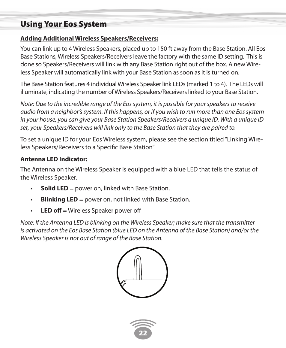 Using your eos system | Eos Wireless Digital Wireless Multi-Room Audio System User Manual | Page 22 / 28