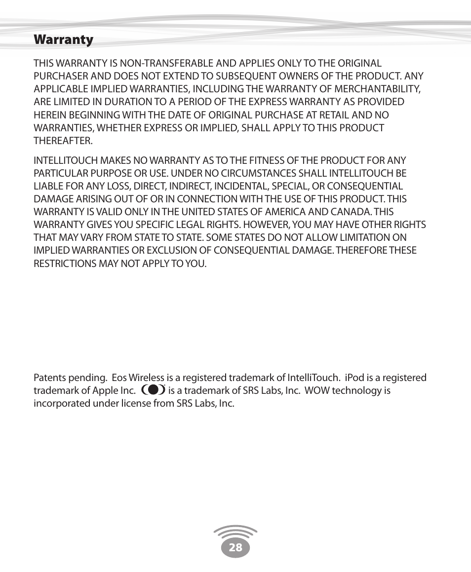 Warranty | Eos Wireless Digital Wireless Multi-Room Audio System User Manual | Page 28 / 28