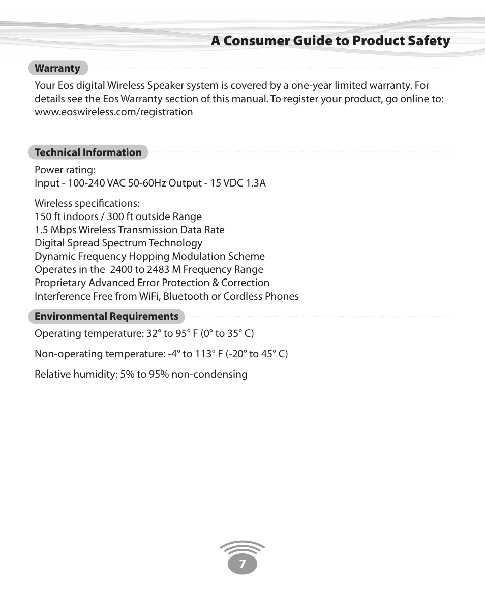 A consumer guide to product safety | Eos Wireless Digital Wireless Multi-Room Audio System User Manual | Page 7 / 28