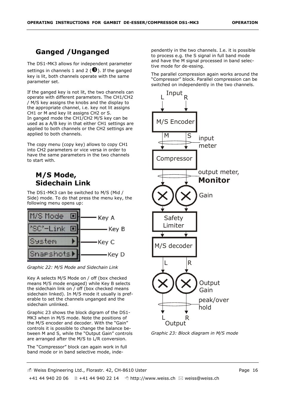 Monitor, Ganged /unganged, M/s mode, sidechain link | Edelweiss GAMBIT DS1-MK3 User Manual | Page 16 / 36