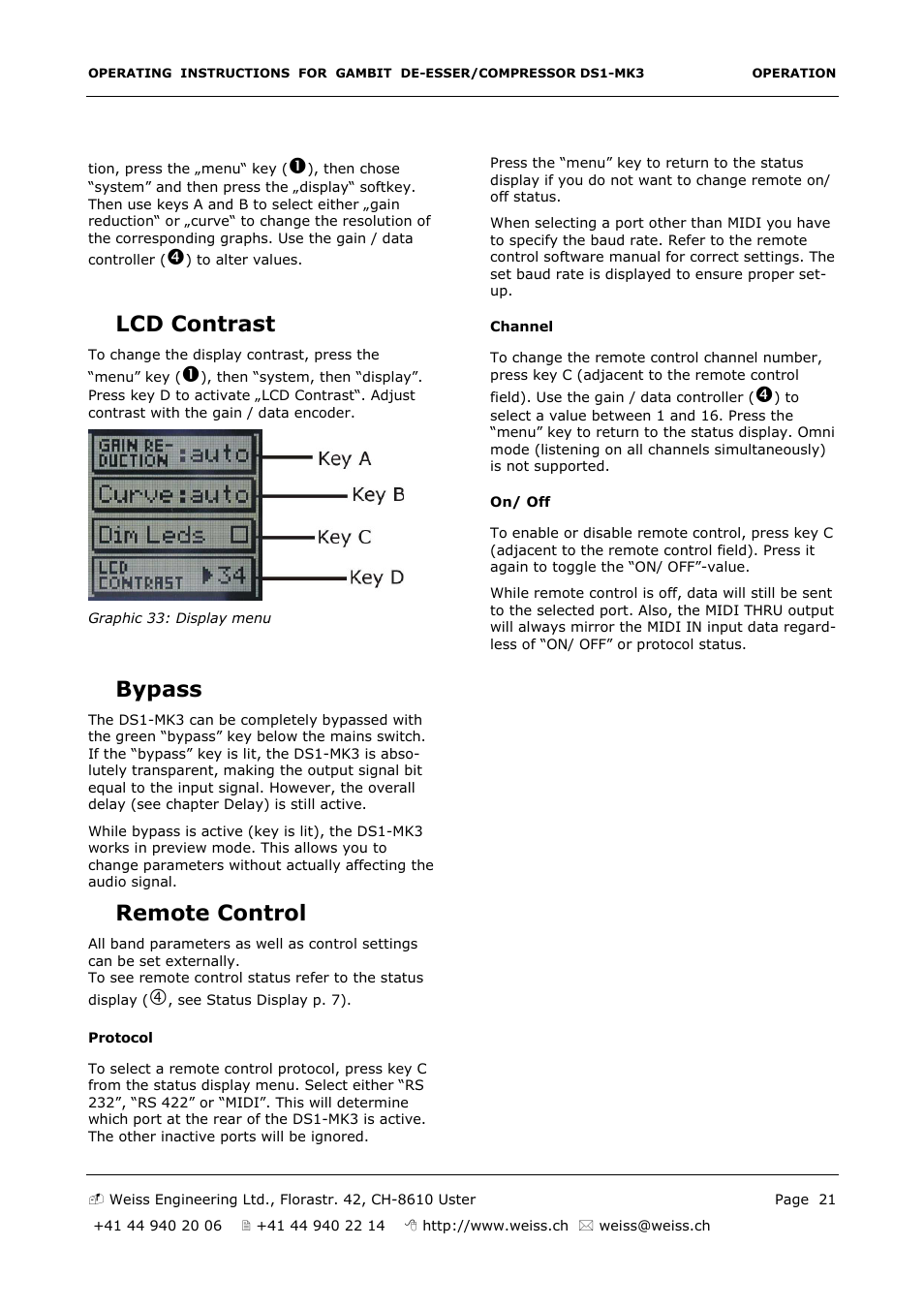 Lcd contrast, Bypass, Remote control | Edelweiss GAMBIT DS1-MK3 User Manual | Page 21 / 36