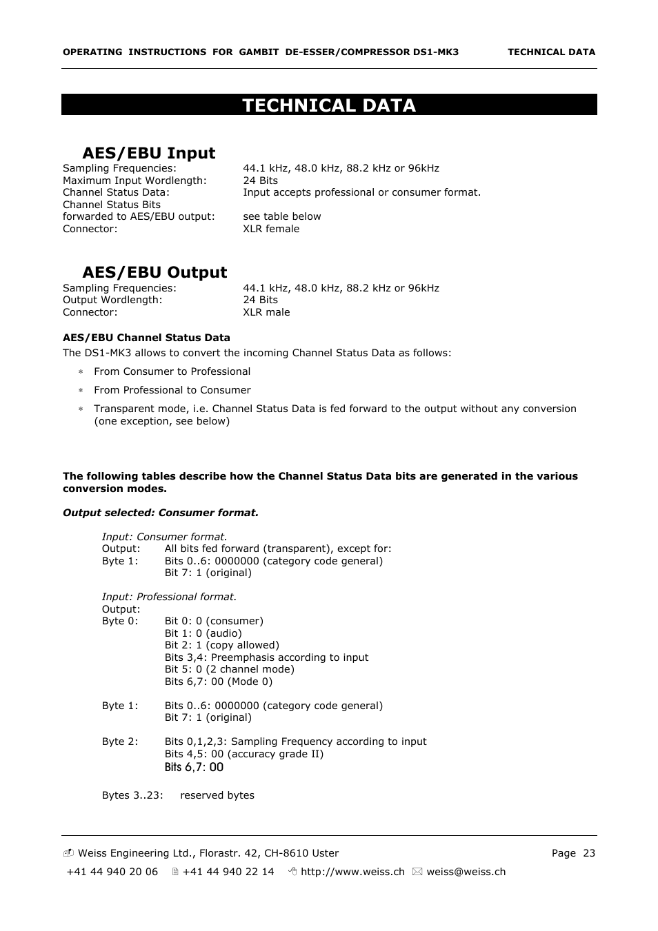 Technical data, Aes/ebu input, Aes/ebu output | Edelweiss GAMBIT DS1-MK3 User Manual | Page 23 / 36