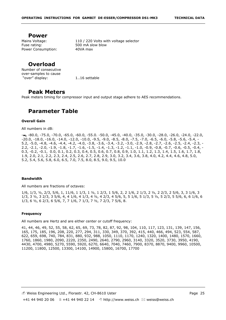 Power, Overload, Peak meters | Parameter table | Edelweiss GAMBIT DS1-MK3 User Manual | Page 25 / 36